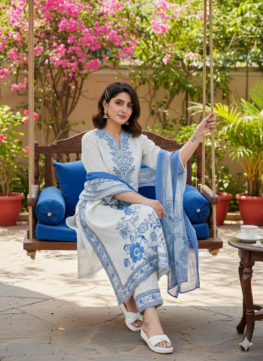 Super premium Chaina Silk digital printed paired with organza dupatta - Image 3