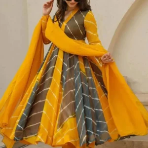 Vrinda Leheriya Anarkali Suit Set in Georgette with Dupatta – Yellow & Dark Grey