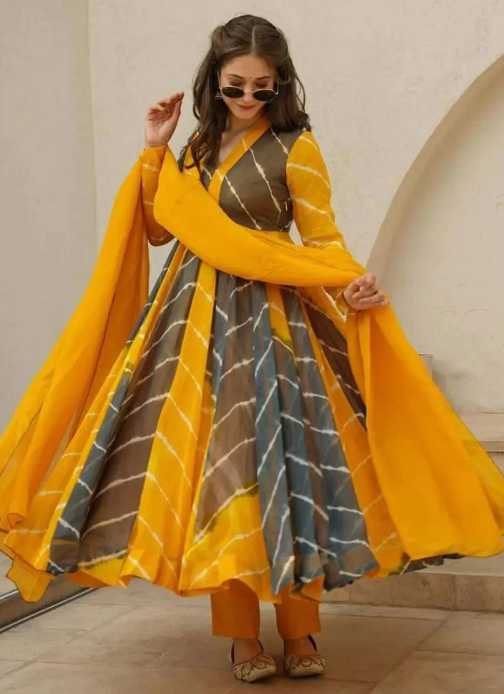 Vrinda Leheriya Anarkali Suit Set in Georgette with Dupatta – Yellow & Dark Grey