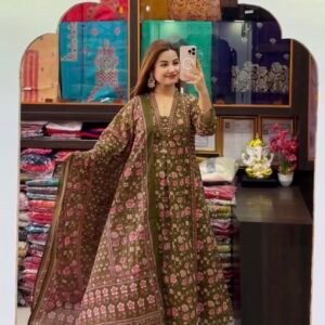 Mahika Green Cotton A Line Suit Set For Women